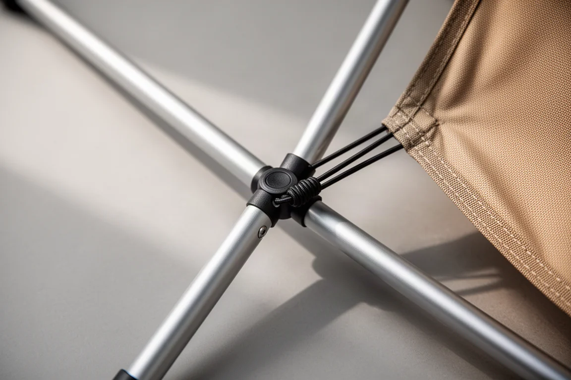 Close-up of shock-corded chair frame poles meeting at a small hub joint