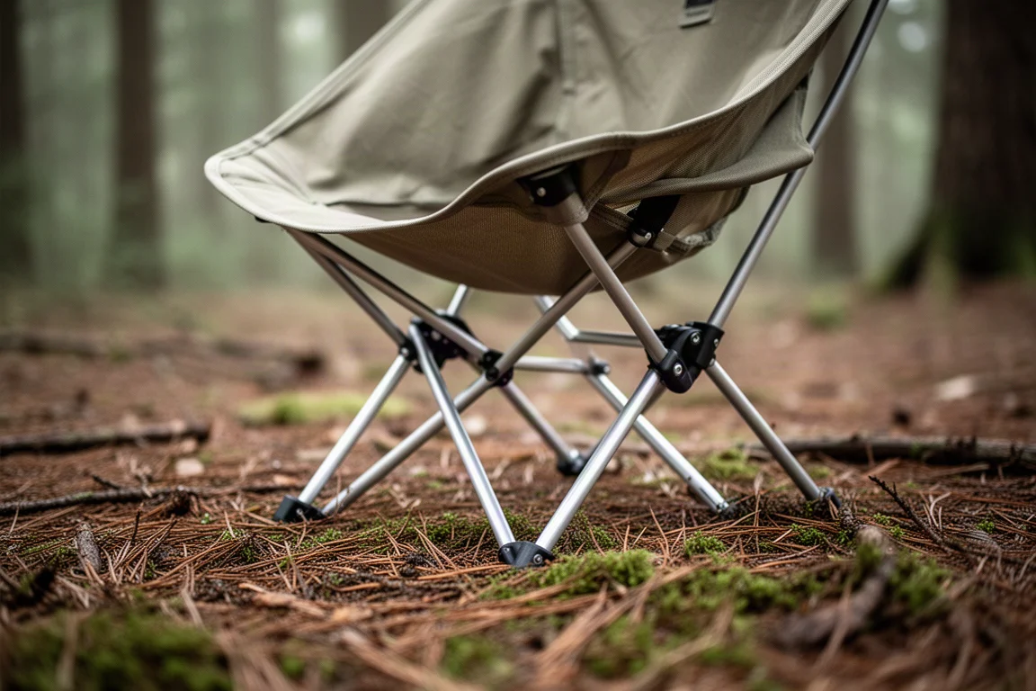 Lightweight camp chair legs pressed into damp forest floor with moss