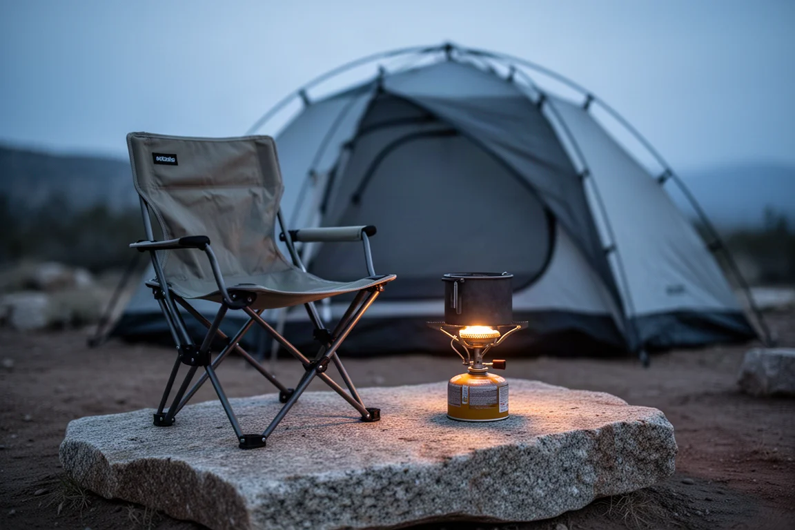 Dusk campsite with a folding chair beside a small backpacking stove