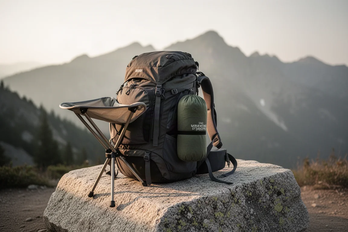 Loaded hiking backpack with a camp chair strapped on at a trailhead