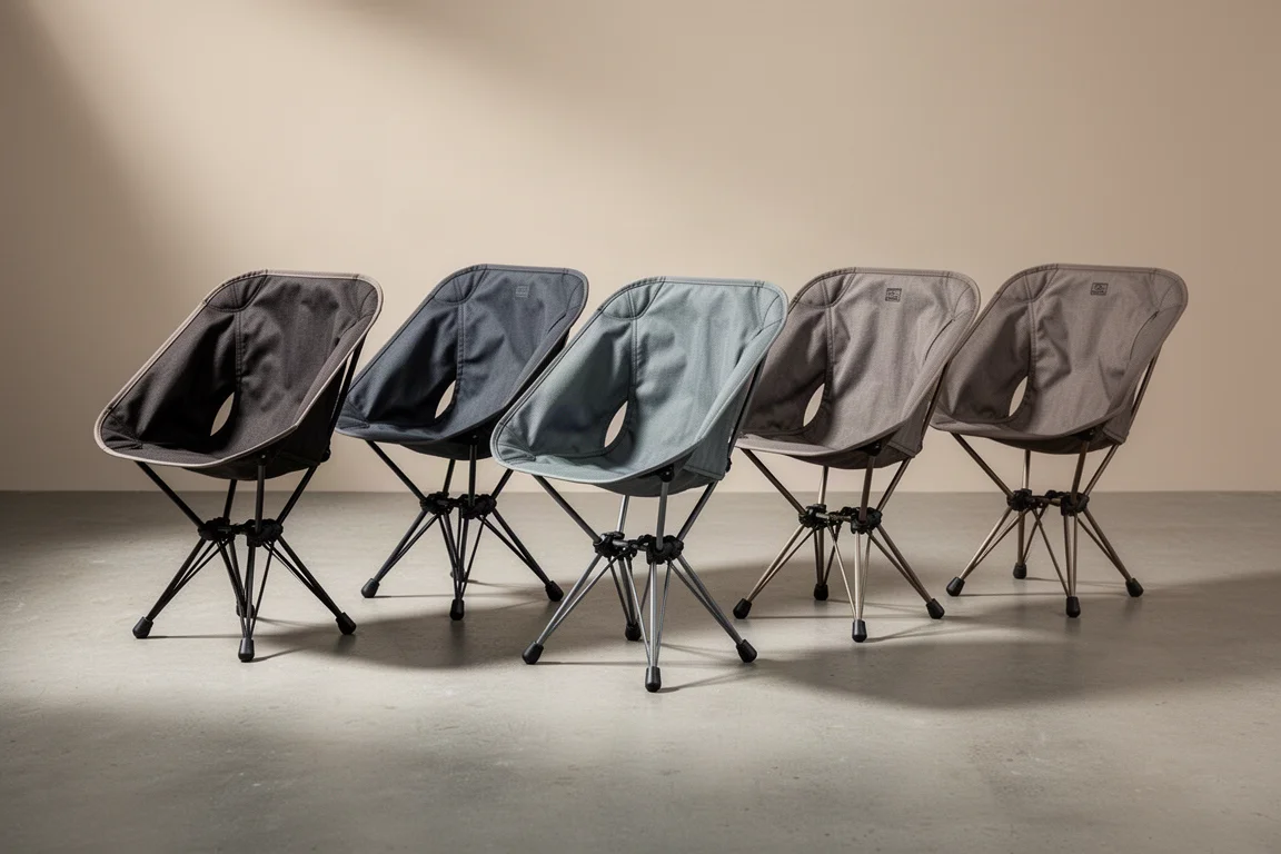 Five folding ultralight backpacking chairs lined up on a neutral concrete surface