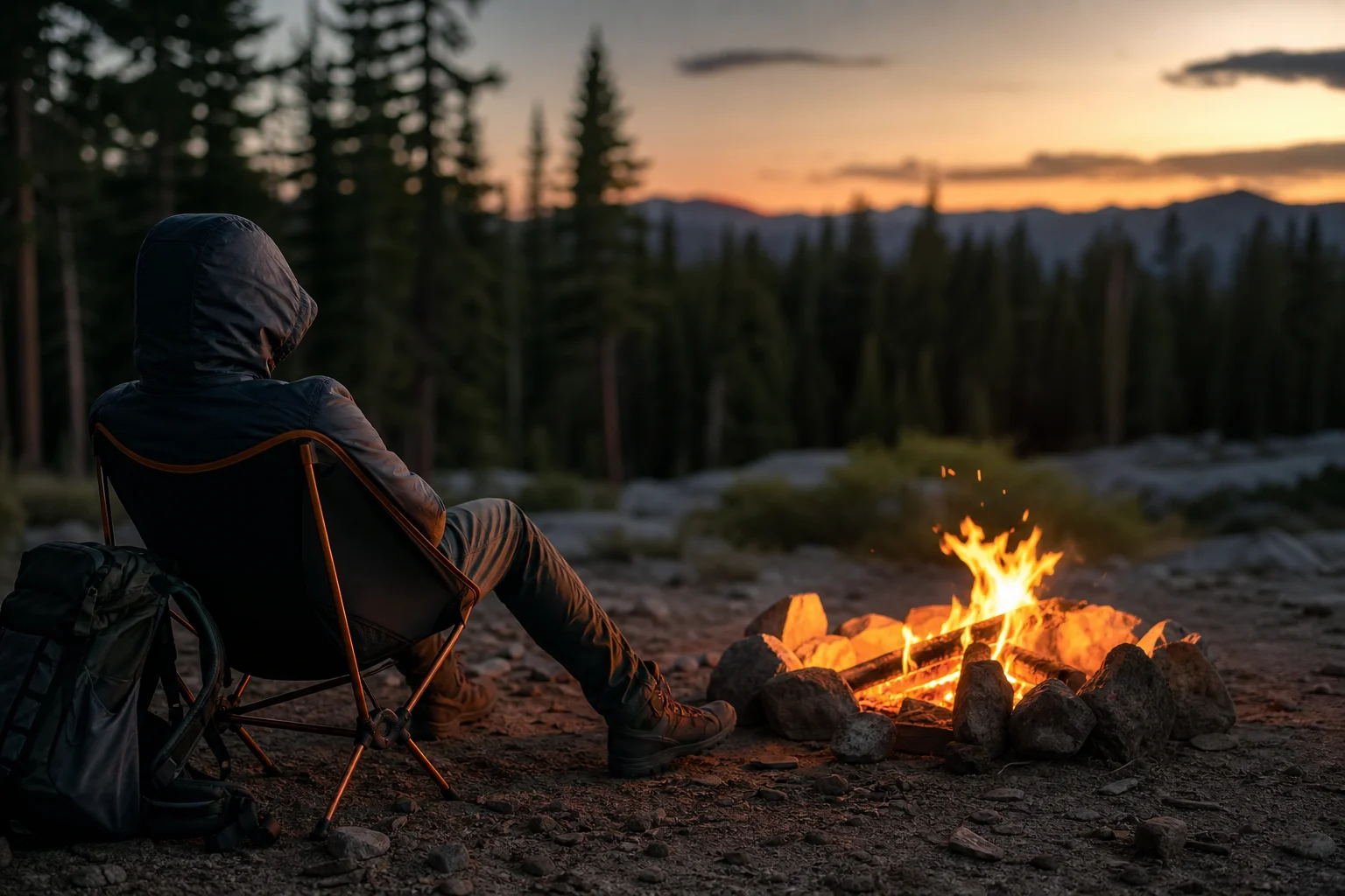 Backpacker sitting in a lightweight chair next to a campfire at dusk