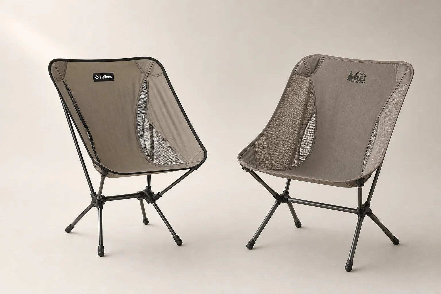 Helinox Chair Zero och REI Co-op Flexlite Air campingstolar sida vid sida på en neutral bakgrund