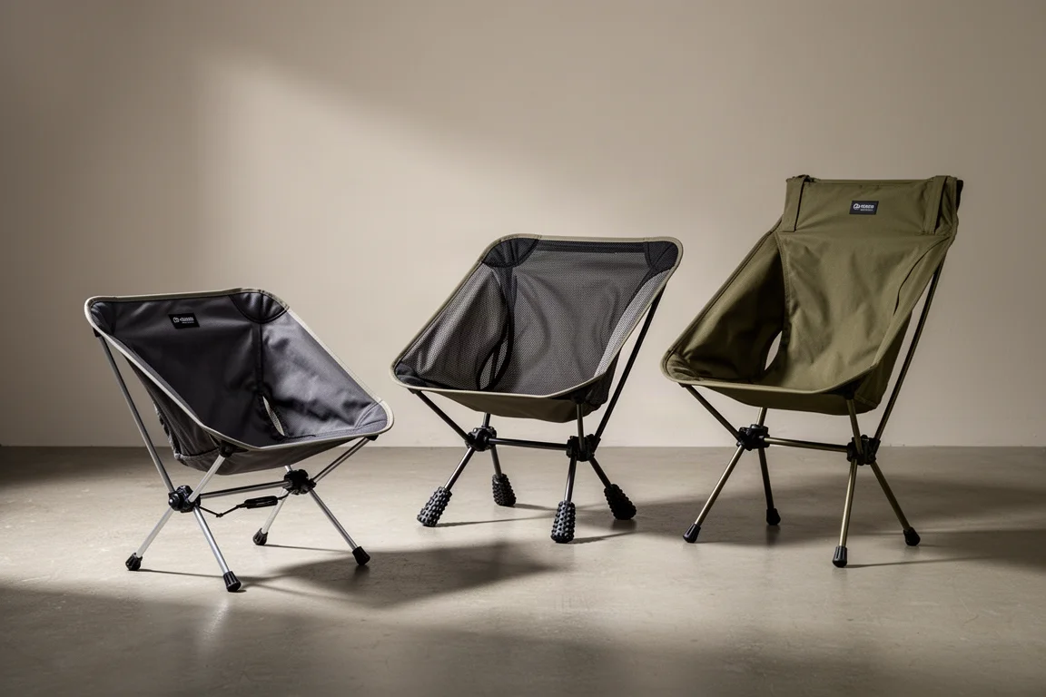 Three low-profile backpacking chairs arranged in a row on a matte concrete floor