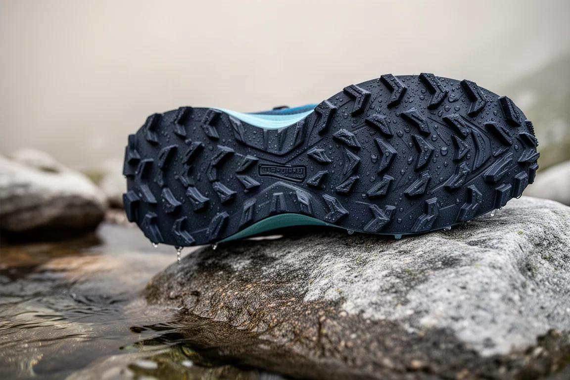 Zbliżenie podeszwy buta trailowego z kolkami na mokrej skale przy górskim strumieniu