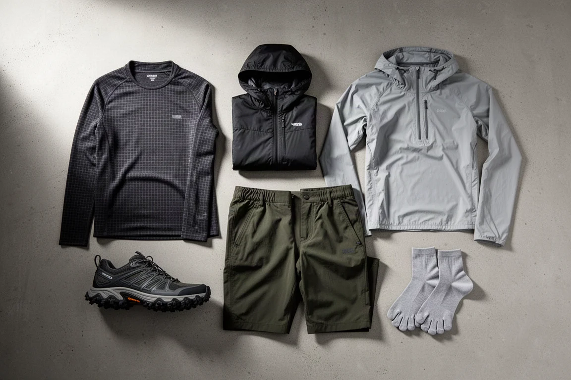Flat-lay of backpacking fleece, insulated hoodie, sun hoodie, pants, trail shoe, and toe socks