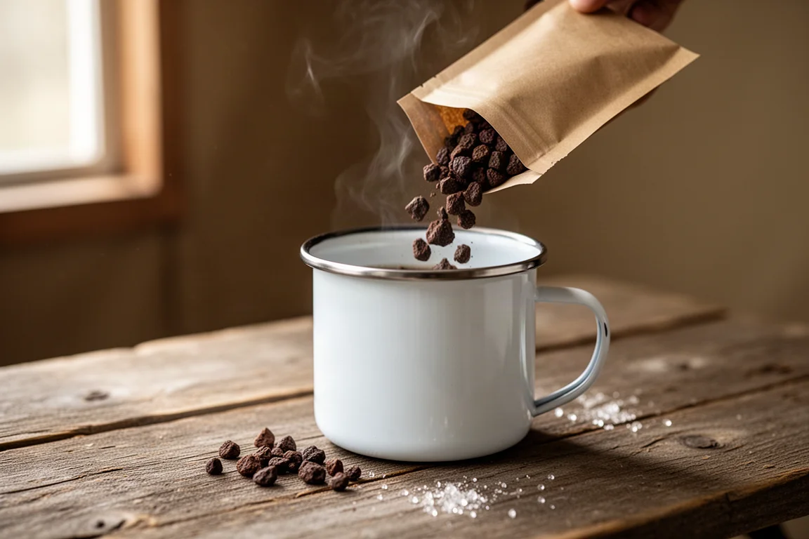 Mörka kaffekristaller som hälls från en papperspåse ner i en vit emaljmugg på ett träbord i lägret