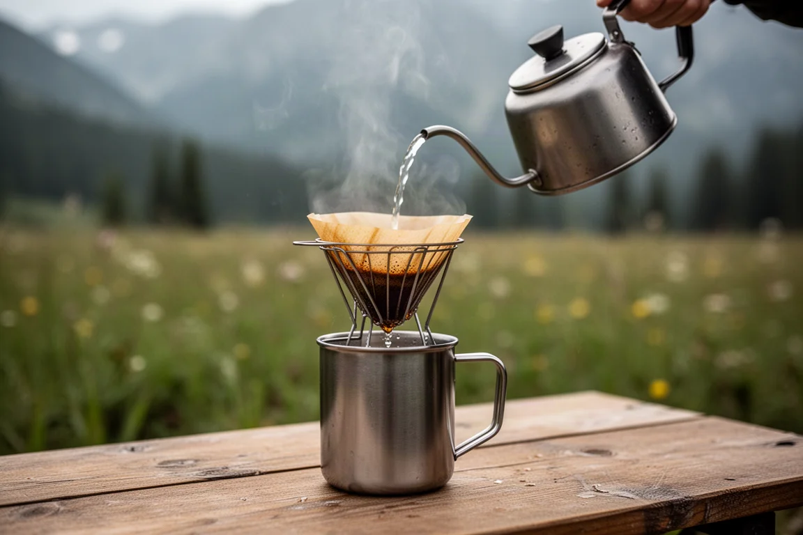 Varmt vatten som hälls över en kompakt pourover-kon placerad på en mugg i rostfritt stål i lägret
