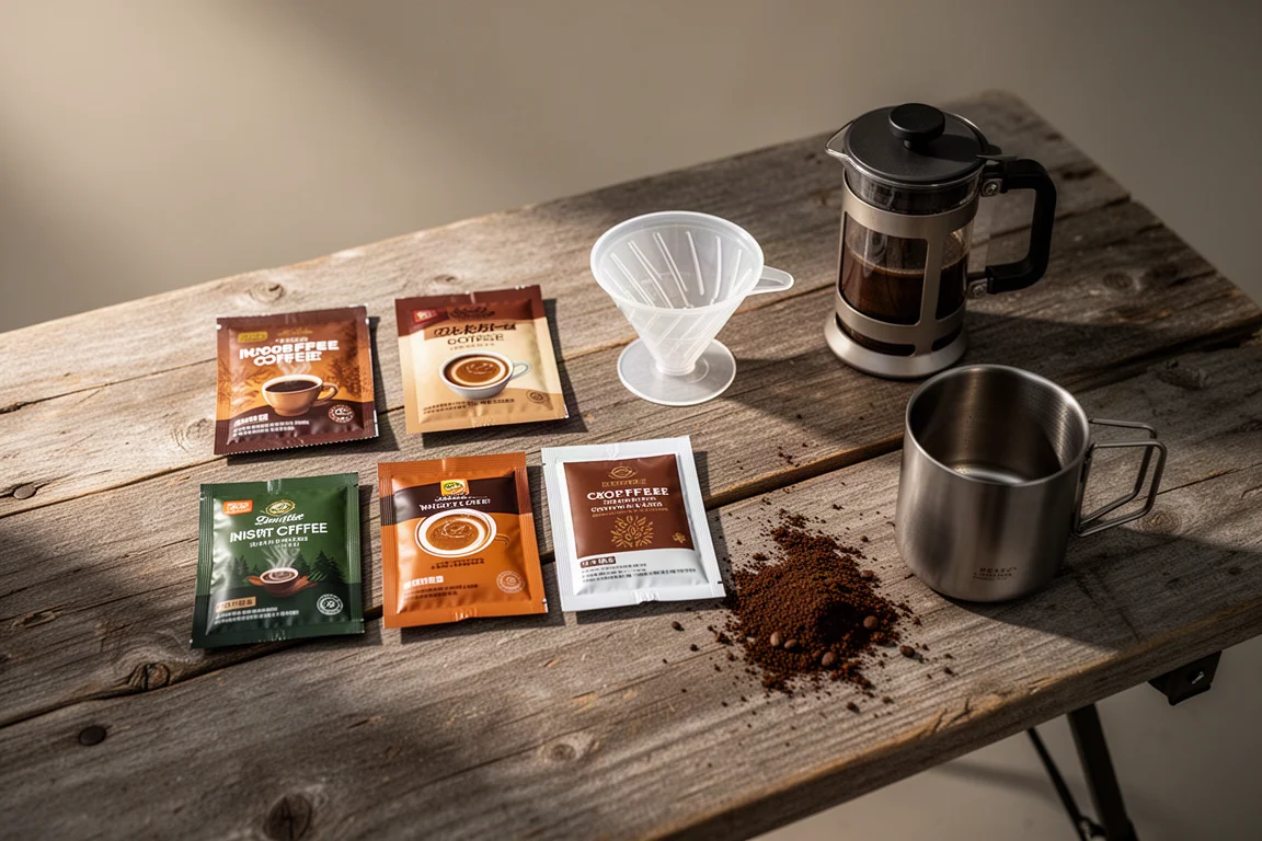Flat-lay di bustine di caffè istantaneo, un cono pourover, una press brewer e una tazza in titanio su un tavolo da campo in legno