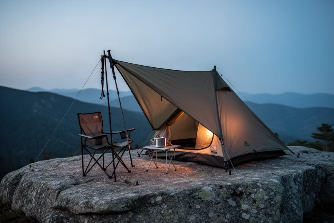 Campsite at dusk with a low trekking-pole shelter, camp chair, and small table
