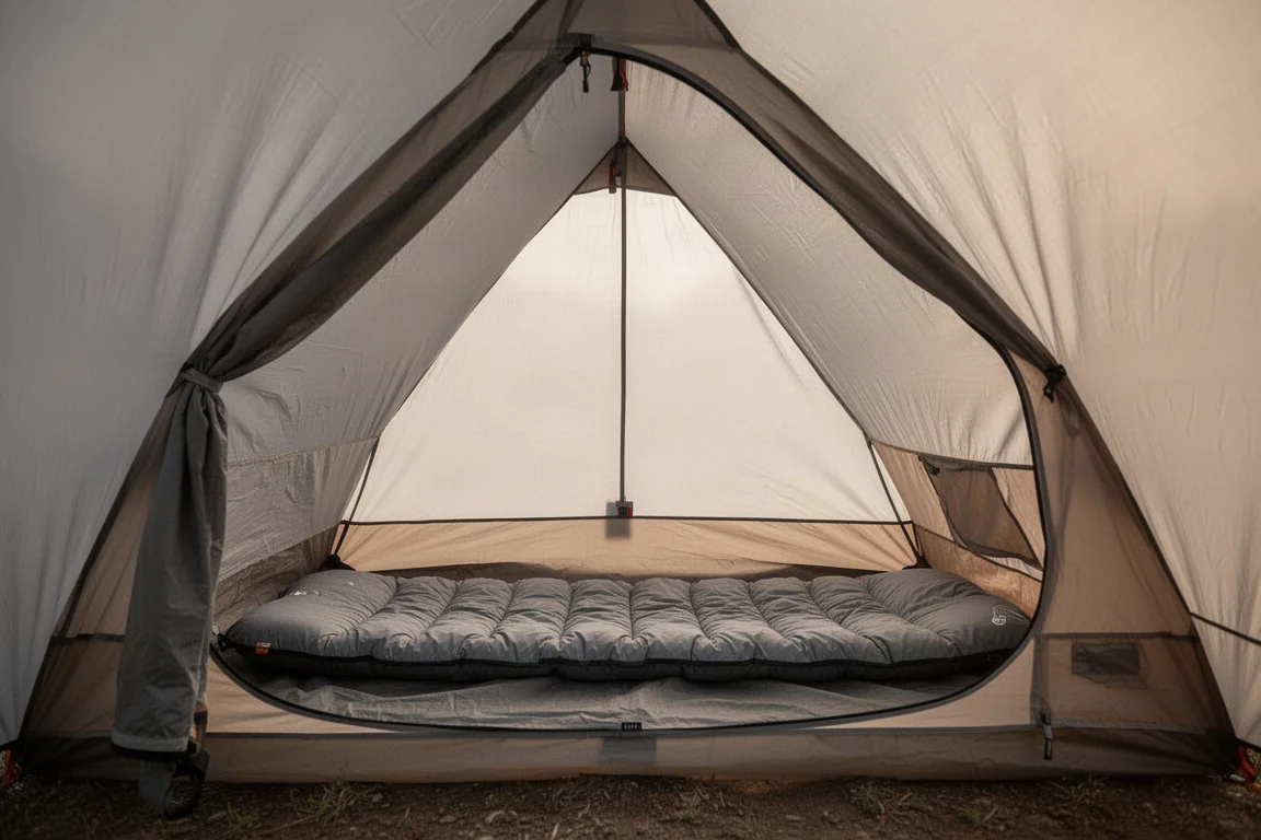 Interior of a one-person trekking-pole tent showing a wide sleeping pad and headroom