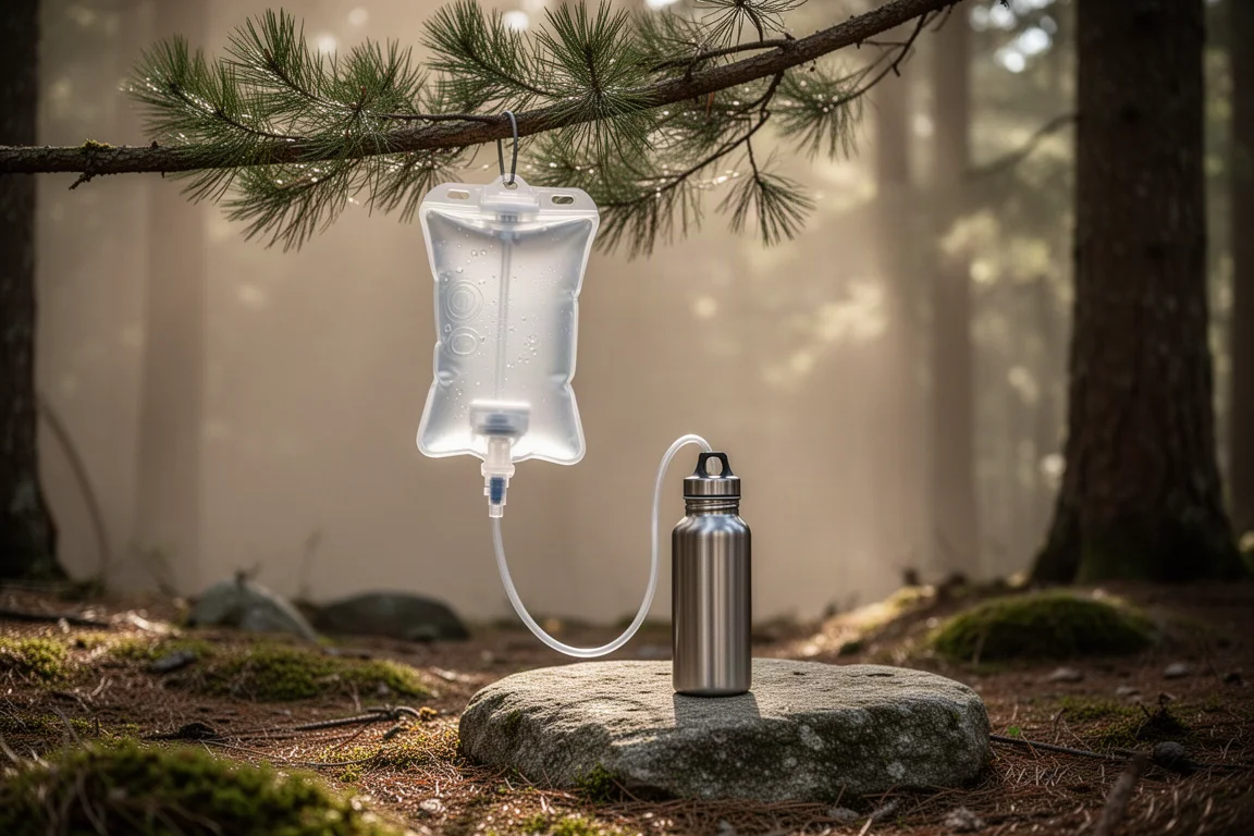 Gravity water filter bladder hanging from a pine branch above a metal bottle