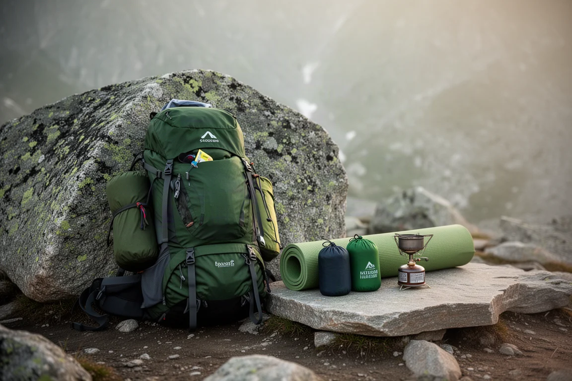 Loaded trekking backpack and gear arranged beside a granite boulder at camp