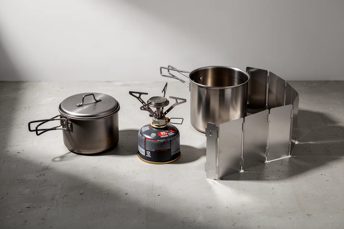 Backpacking cook kit components on concrete with titanium and stainless pots and a folded canister stove