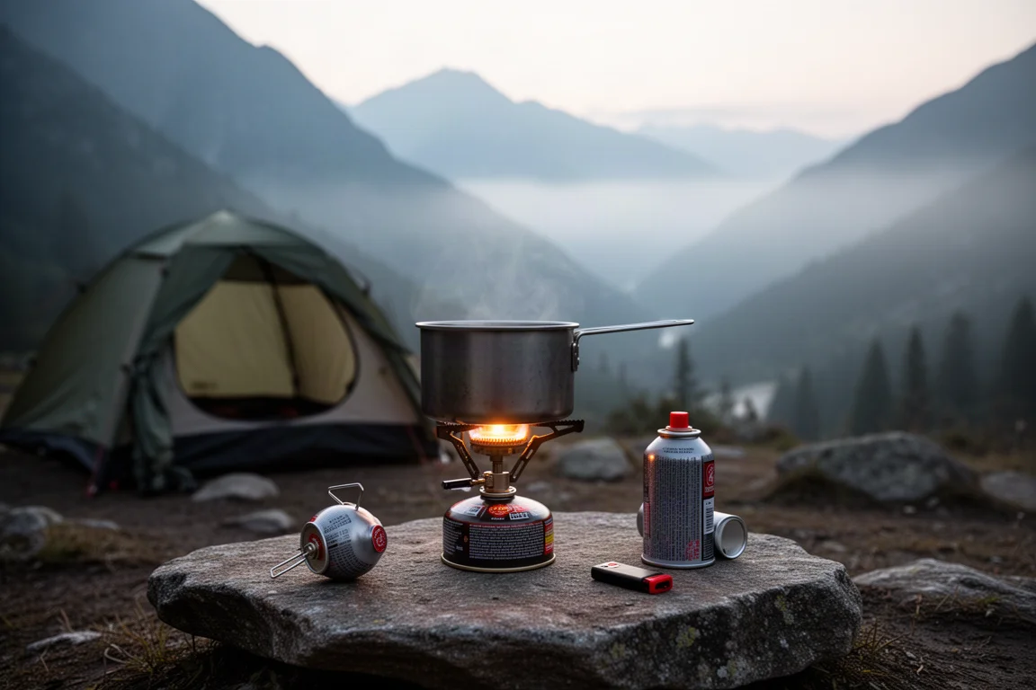 黎明時分高山營地,卡式爐在鈦鍋中煮沸水
