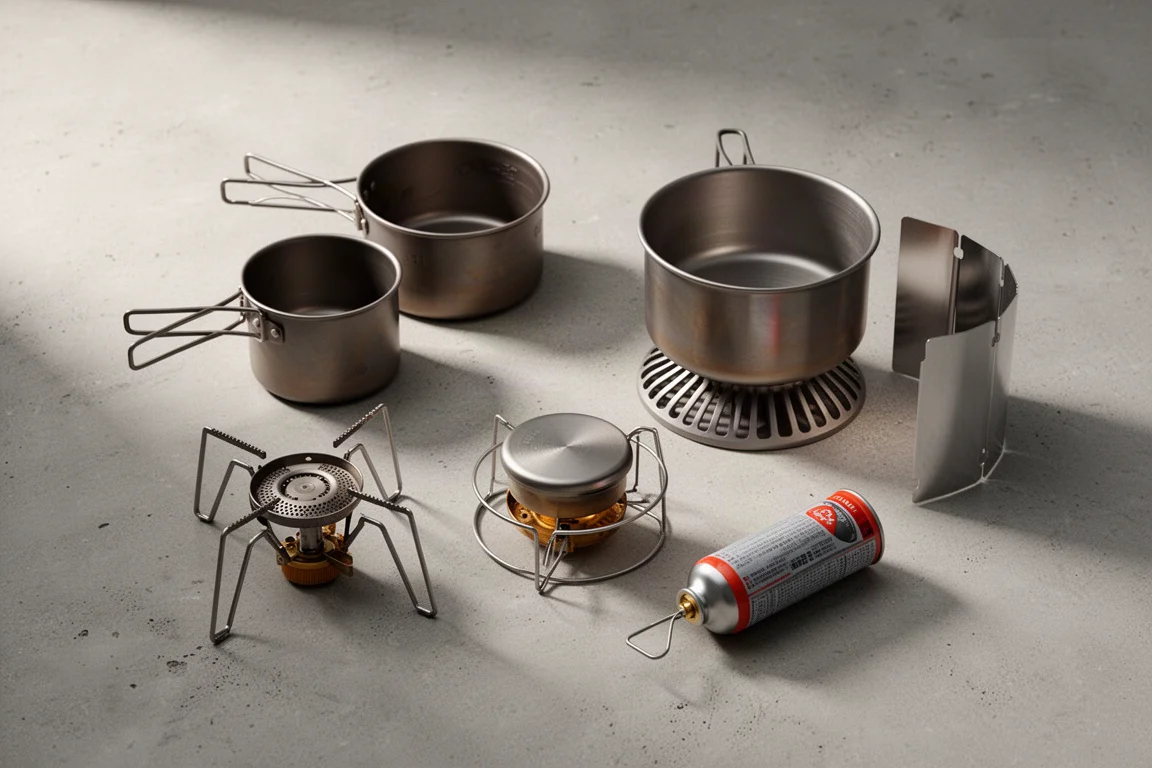 Backpacking cook kit with titanium pot, folded canister stove, and alcohol burner on concrete