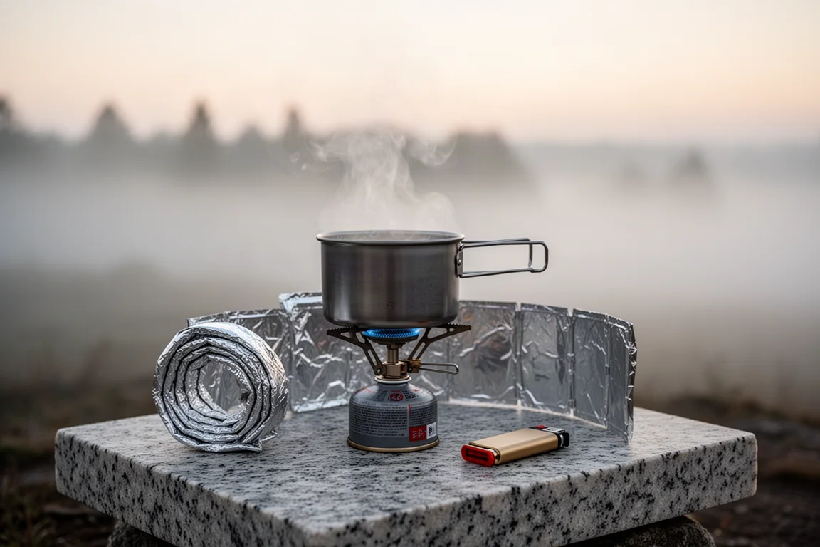 Kleine backpackbrander brandt onder een titanium pan op graniet bij zonsopgang naast een bergmeer
