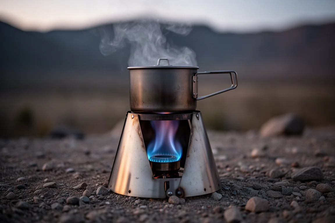 Close-up van een kleine canisterbrander die een kleine titanium pan op een platte steen verhit