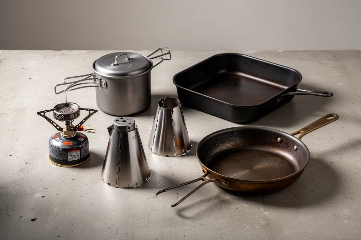 Overhead flat-lay of backcountry cook gear including a canister stove, titanium pot, and long spoon