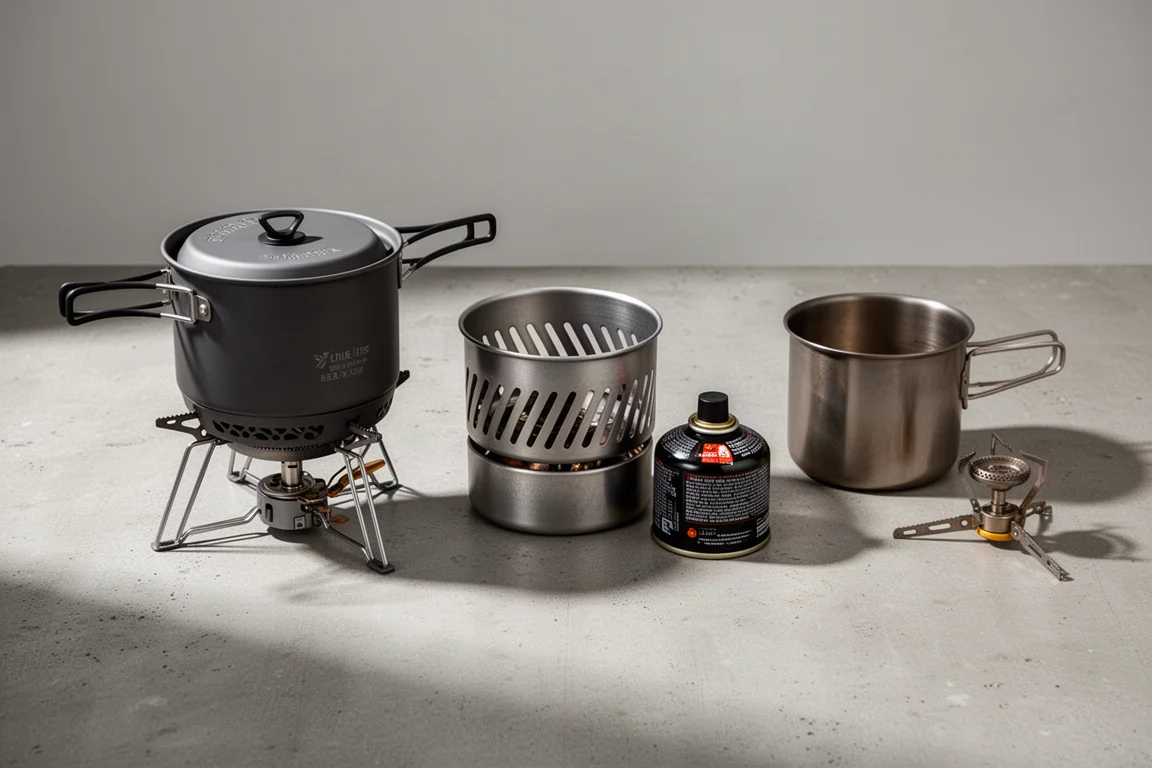 Three backpacking cook systems arranged on a matte concrete surface in soft studio light