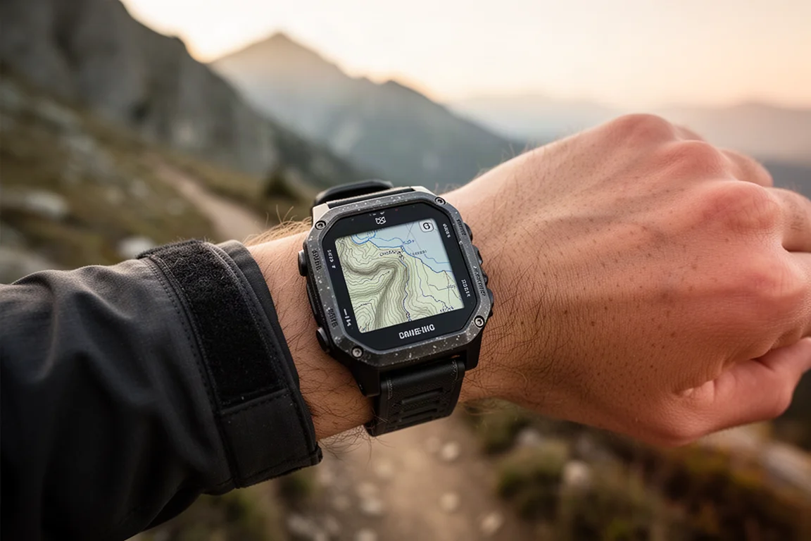 Vandrares handled med GPS-klocka som visar topografisk karta på en led