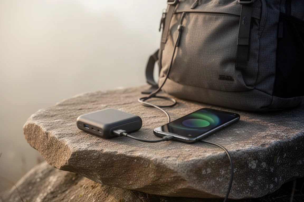 Powerbank som laddar en smartphone på en sten bredvid en ryggsäck