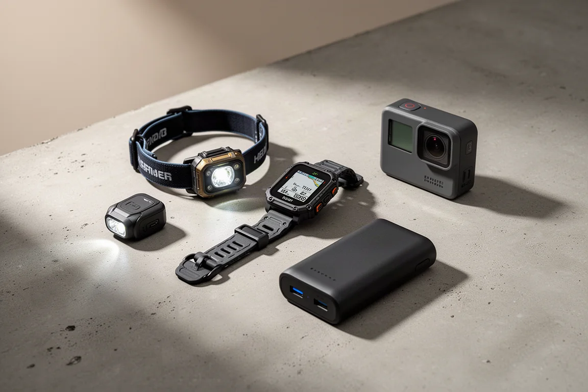 Backpacking electronics including headlamp, GPS watch, power bank, and action camera on concrete