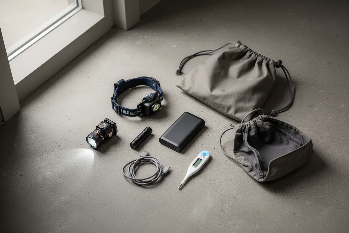 Backpacking-elektronik utlagd på väderbitna trägolv