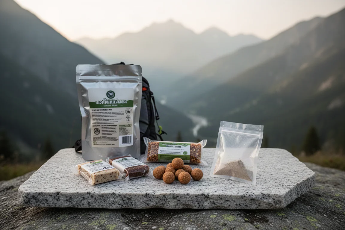 花崗岩の上に並べられた様々な backpacking food と背後に広がる山の谷
