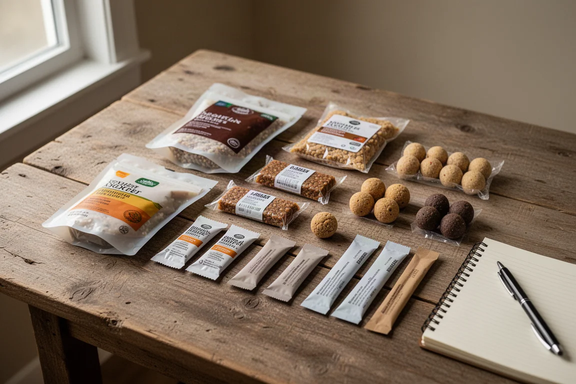 風化した木のテーブルに列状に並べられた backpacking food の再補給