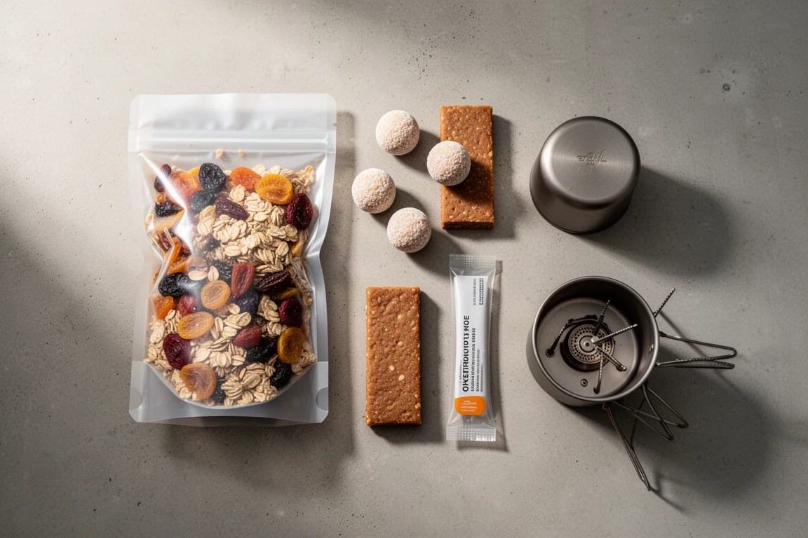 Flat-lay of backpacking meal pouches, energy bars, snack balls and an electrolyte packet on concrete