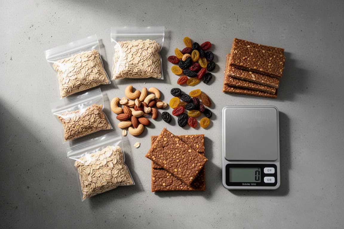 Overhead flat-lay of trail food planning items on a grey concrete surface