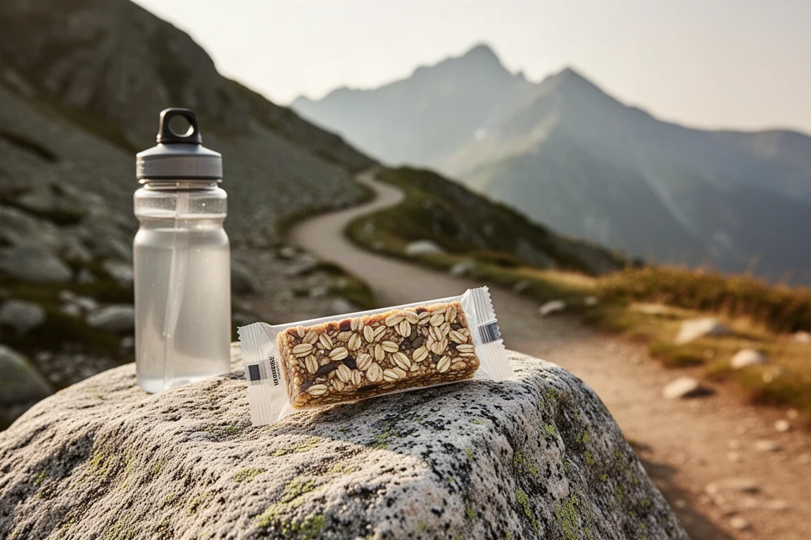 Unwrapped energy bar and water bottle resting on a sunlit granite boulder beside a trail