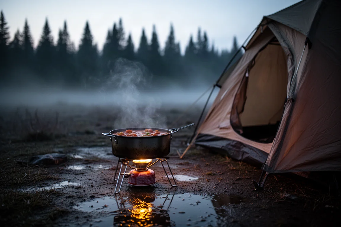 Steaming camp stew on a small stove at dusk beside a tent in cold mist
