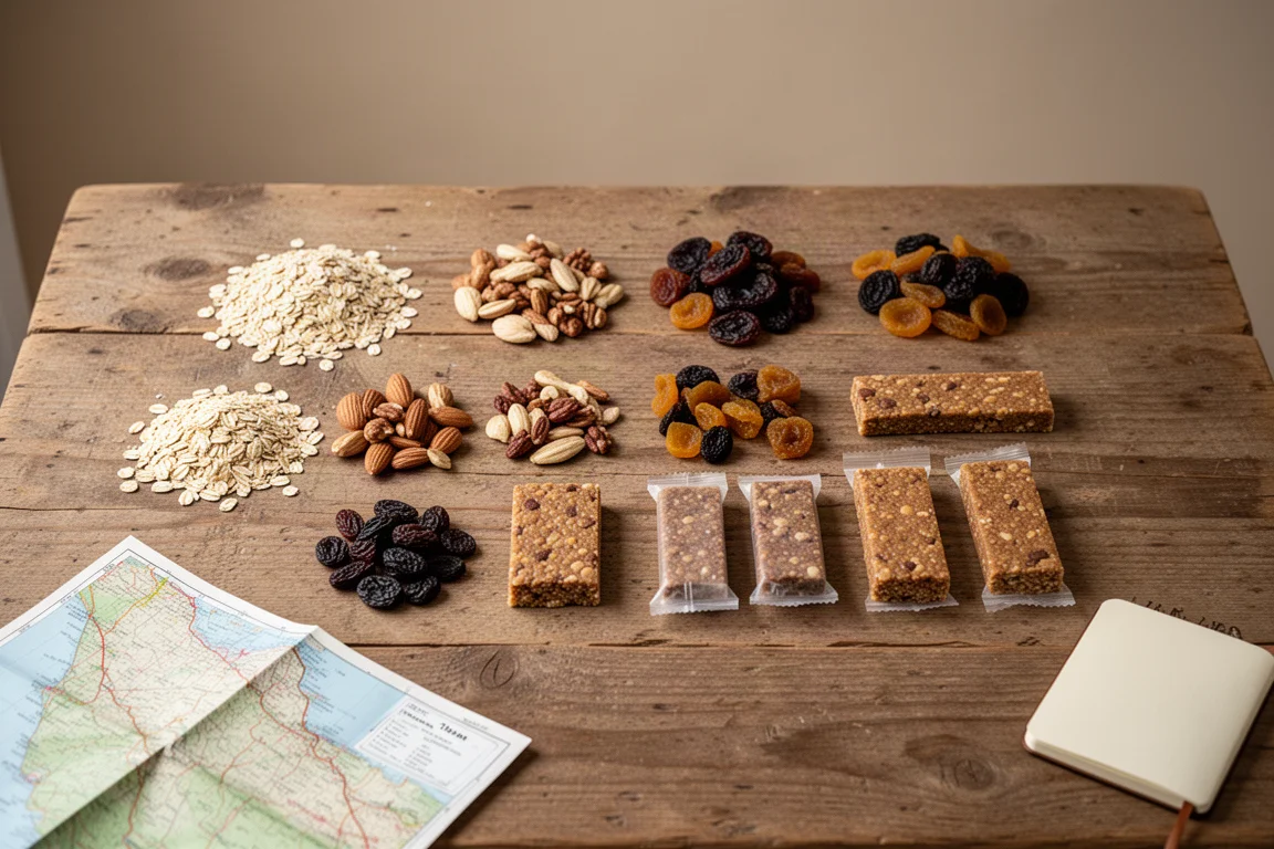 Sorted piles of trail rations arranged on a rustic wooden table with a folded map