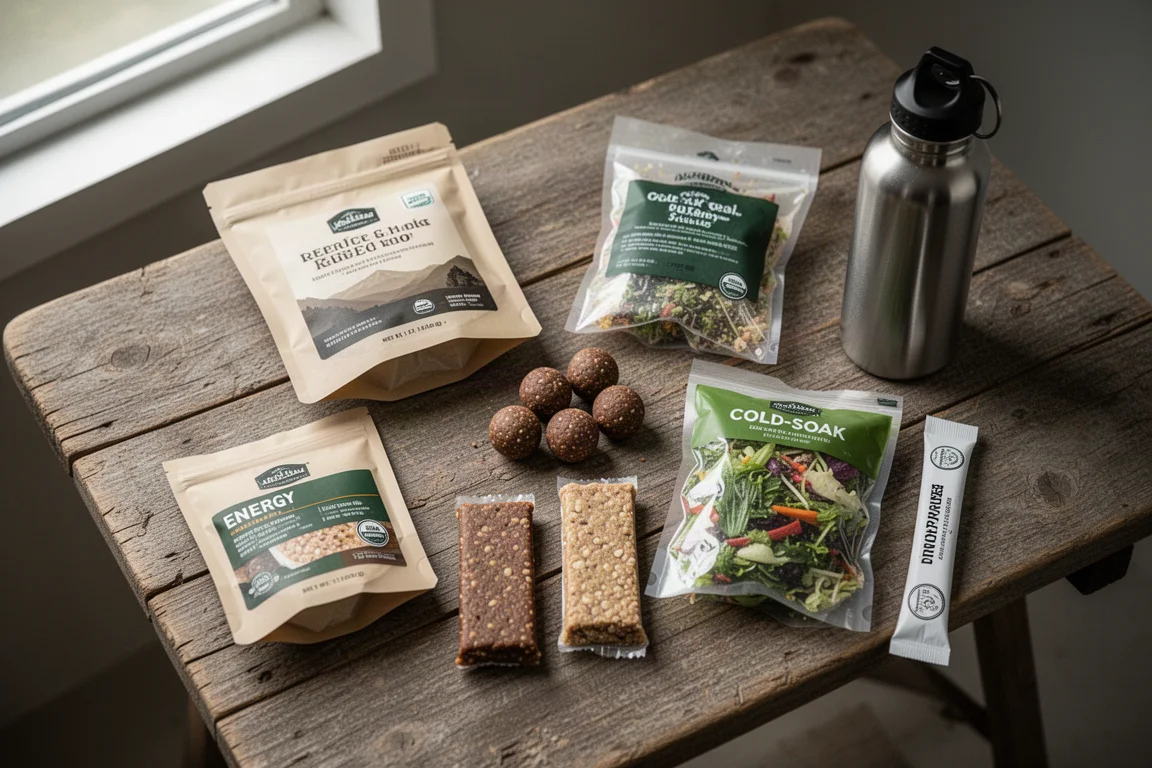 Overhead flat-lay of backpacking meals, energy bites, bars, and a drink packet on a wooden table