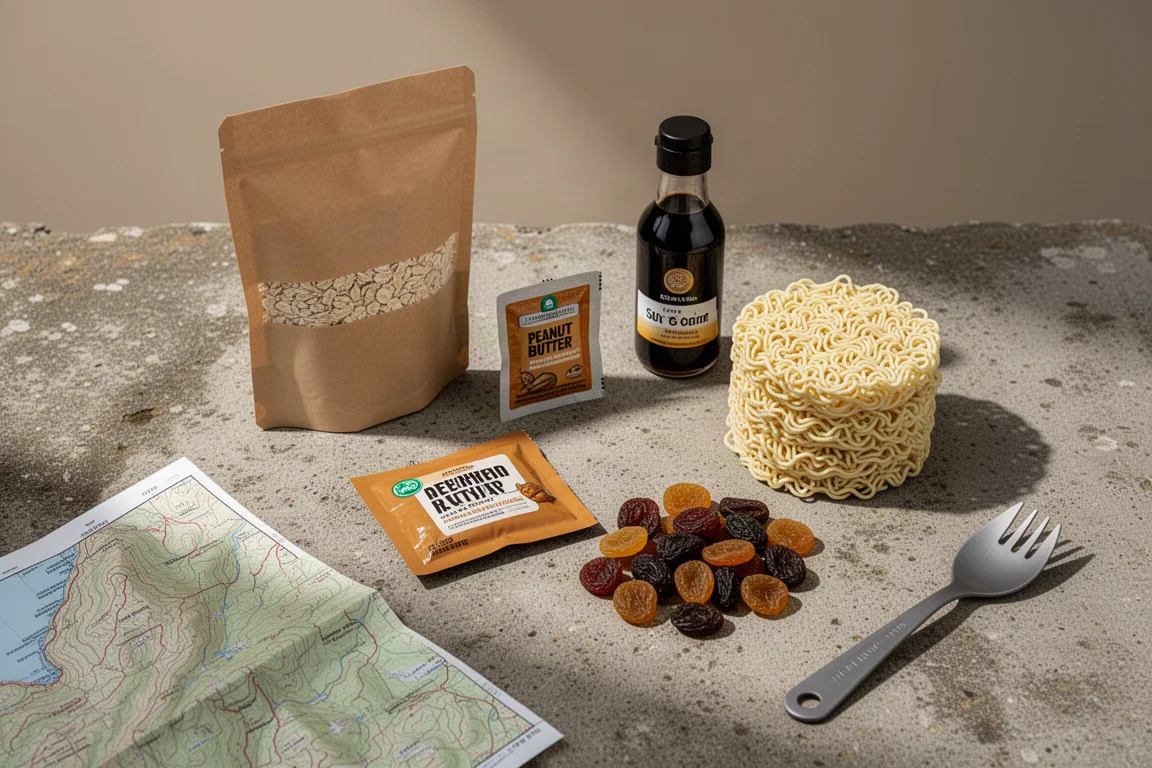 Bovenaanzicht van trailvoedsel-ingrediënten met havermout, pindakaaspakje en noedels