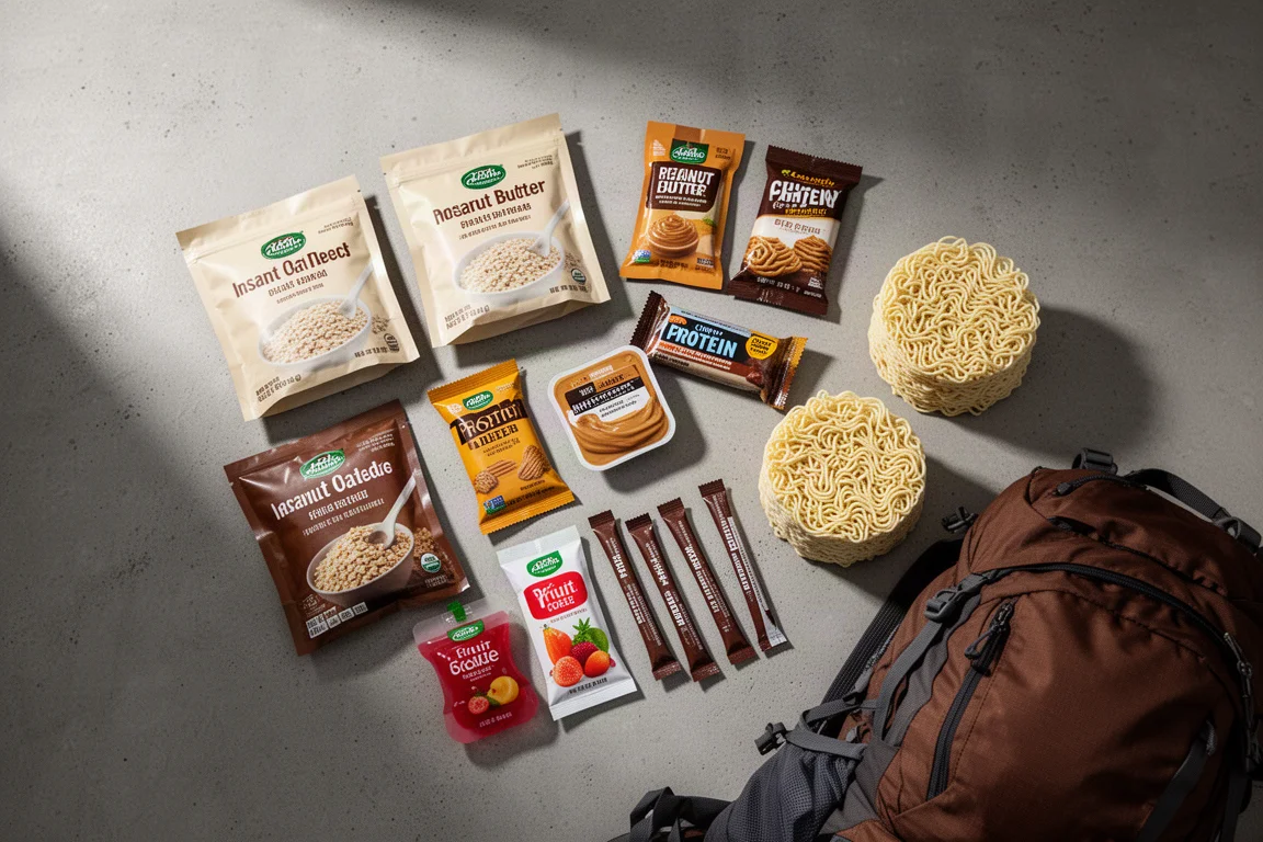 Distesa dall'alto di cibi da backpacking con fiocchi d'avena, monoporzioni di burro d'arachidi e ramen su cemento