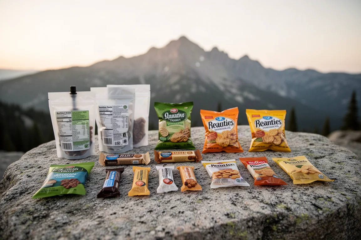 Cibo da backpacking per il rifornimento disposto su una lastra di granito al campo con le montagne sullo sfondo