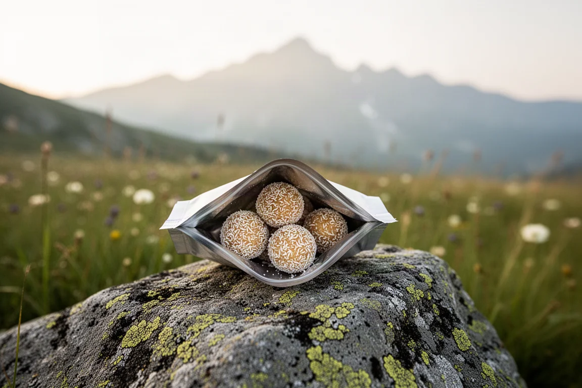 Sacchetto di snack aperto su una roccia con prato alpino sullo sfondo