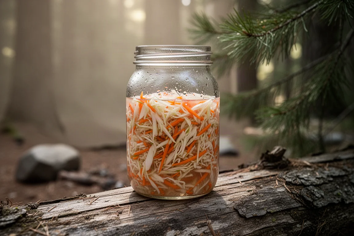 Barattolo di insalata di verdure a freddo in ammollo su un tronco nella luce del bosco