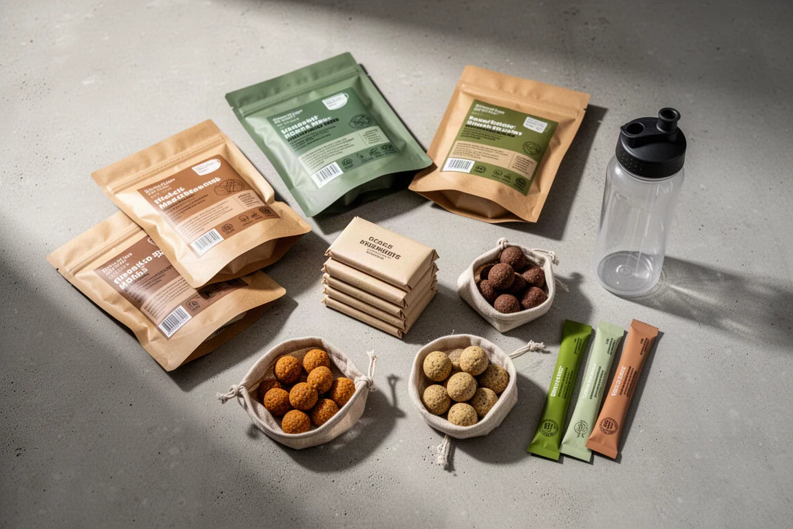 Flat-lay of backpacking meal pouches, snack bars, and drink mix sachets on concrete