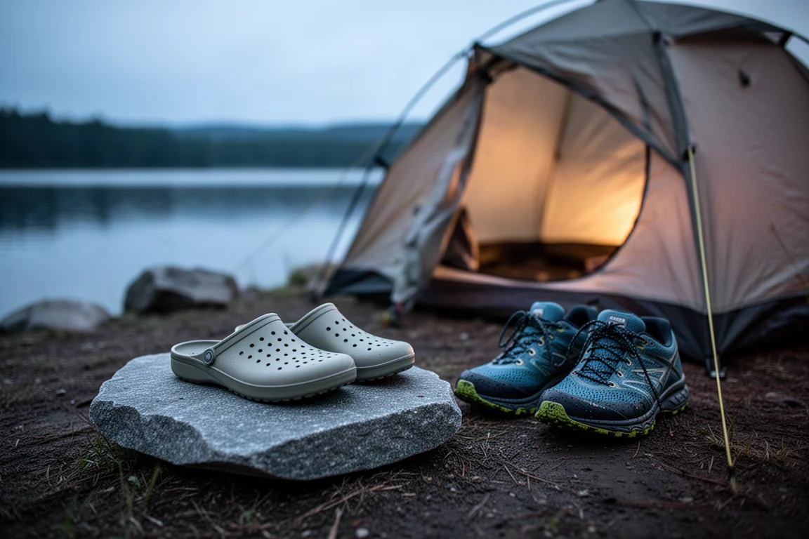 Scarpe da campo ultraleggere appoggiate su una roccia accanto a una tenda in un campeggio sul lago al crepuscolo