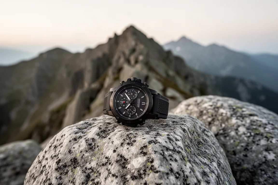 Robusto orologio sportivo posato su un masso di granito in un punto panoramico di montagna