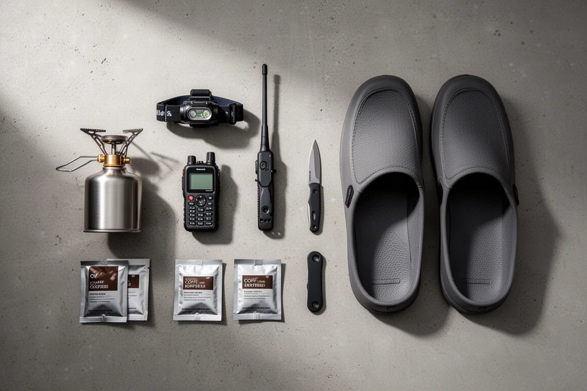 Flat-lay of backpacking gear including a stove, headlamp, communicator, knife and camp shoes