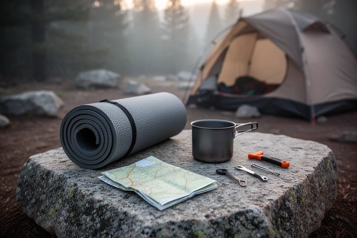 Équipement de randonnée étalé sur une dalle de granite dans un campement au petit matin