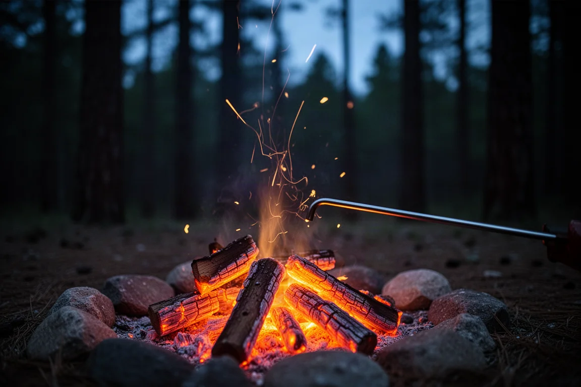 Gros plan sur un feu de camp aux braises incandescentes et un fin tube métallique dirigeant l'air