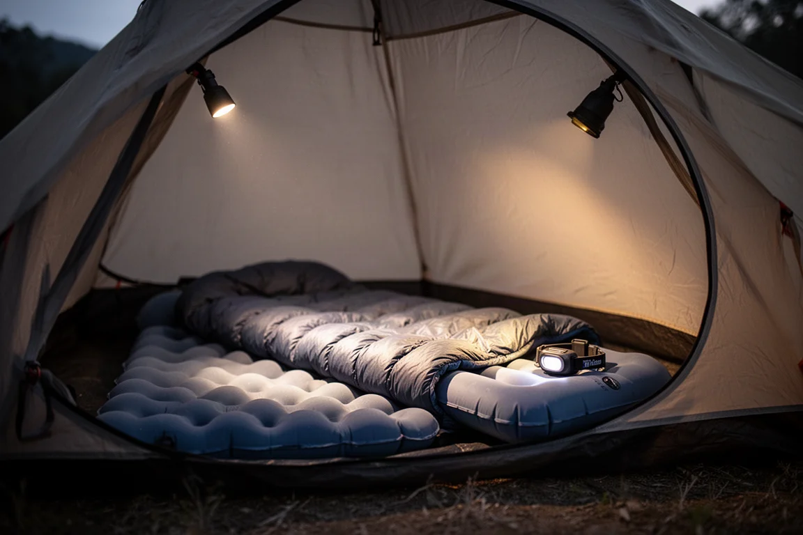 Intérieur d'une petite tente au crépuscule avec un matelas gonflé et la lueur chaude d'une lampe frontale