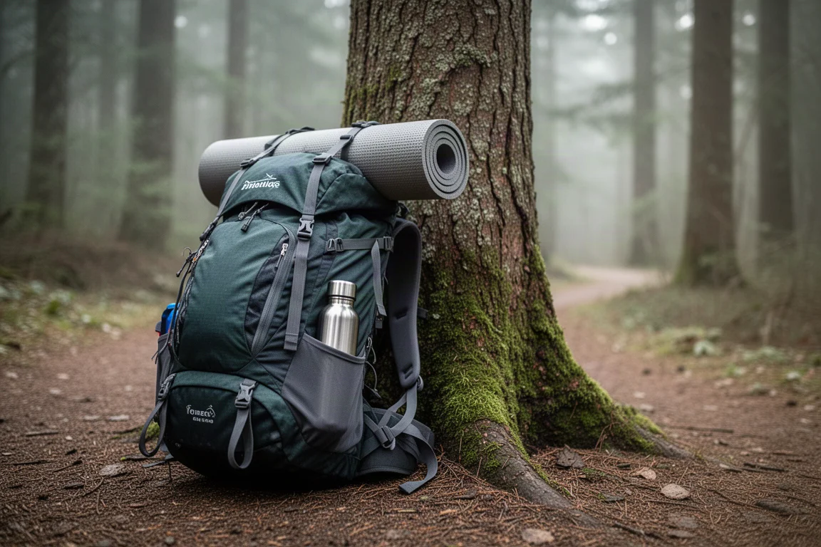 Sac à dos de randonnée chargé appuyé contre un arbre moussu au bord d'un sentier forestier