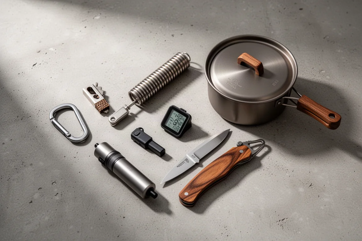 Flat-lay of backpacking gadgets including a carabiner, bellows, thermometer, pump, knife and titanium pot